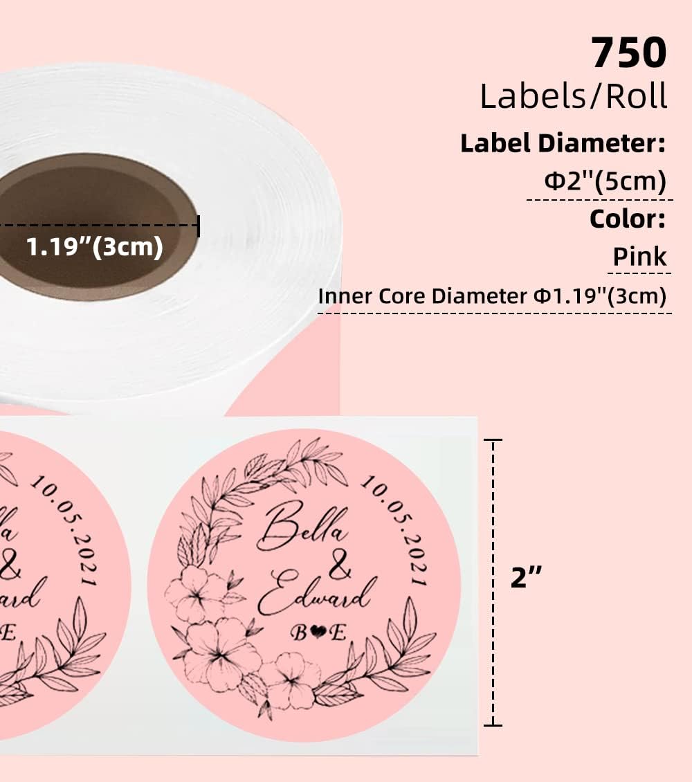 Thumbnail 1 de Phomemo lot de 750 étiquettes rondes roses 50 x 50 mm pour imprimante thermique (compatible Phomemo, MUNBYN, Polono)