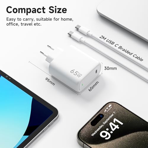 Detalle de Chargeur USB-C 65W Kndaa avec GaN II, PD3.0 et PPS — câble USB-C 2 m – Blanc