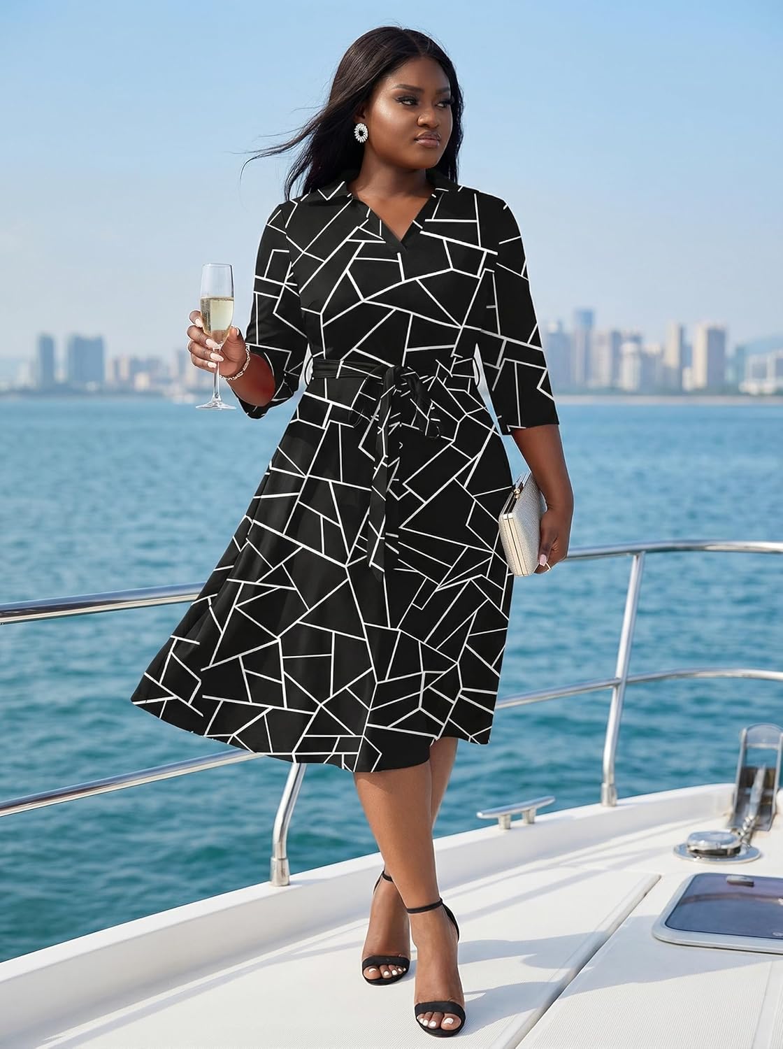 Thumbnail 5 de FANDEE Plus Size Midi Dress with African Print – 3/4 Sleeves, V-Neck, Pockets, Belt (L-5XL)