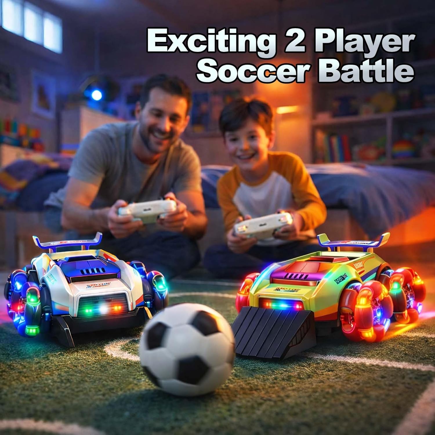 Thumbnail 1 de YESHIN Voiture de Football Télécommandée — Lot de 2 voitures RC avec LED, 360° et but inclus