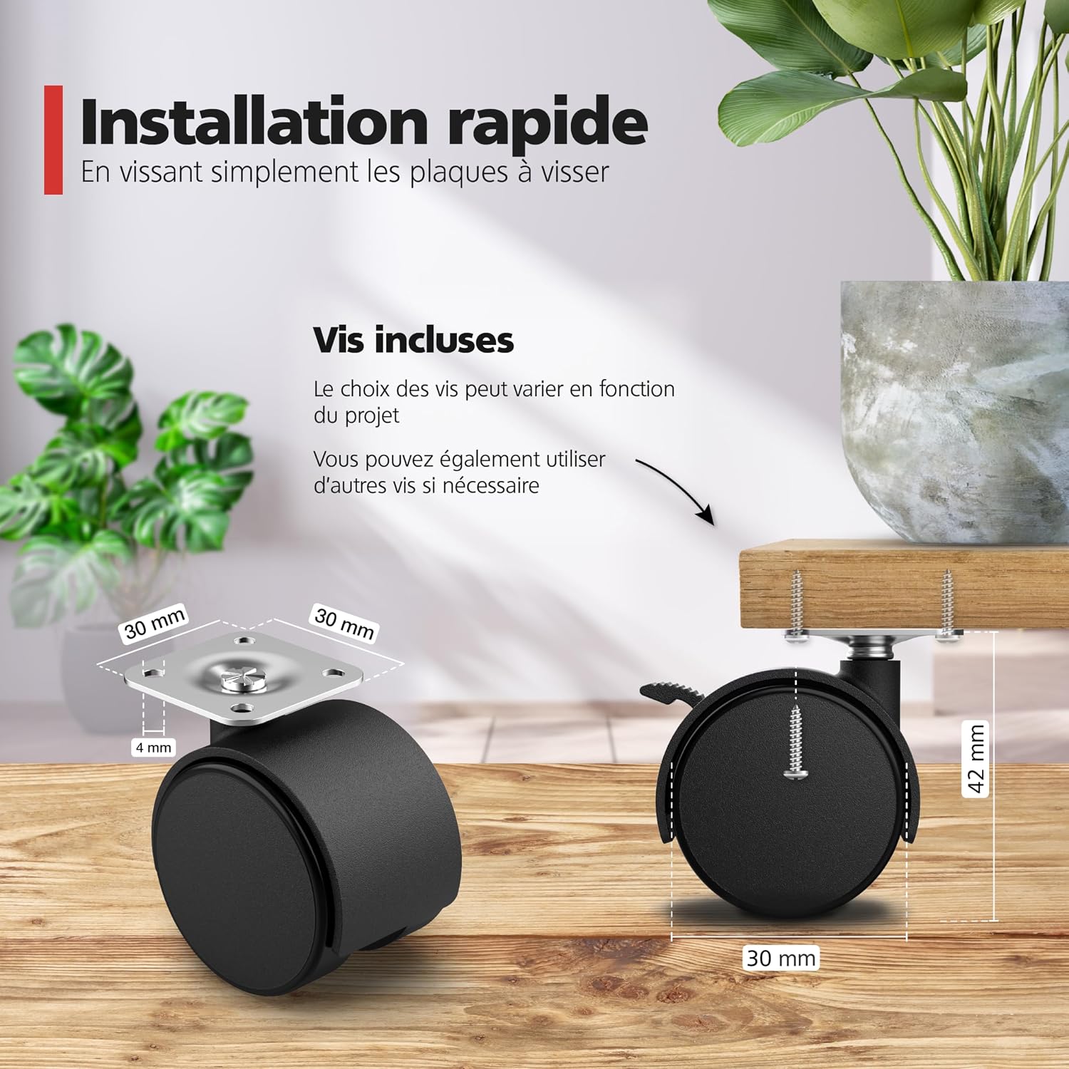 Detalle 2 de RAVN HAMAN : jeu de 4 roulettes pivotantes de meuble (30 mm) avec freins, jusqu’à 10 kg par roue