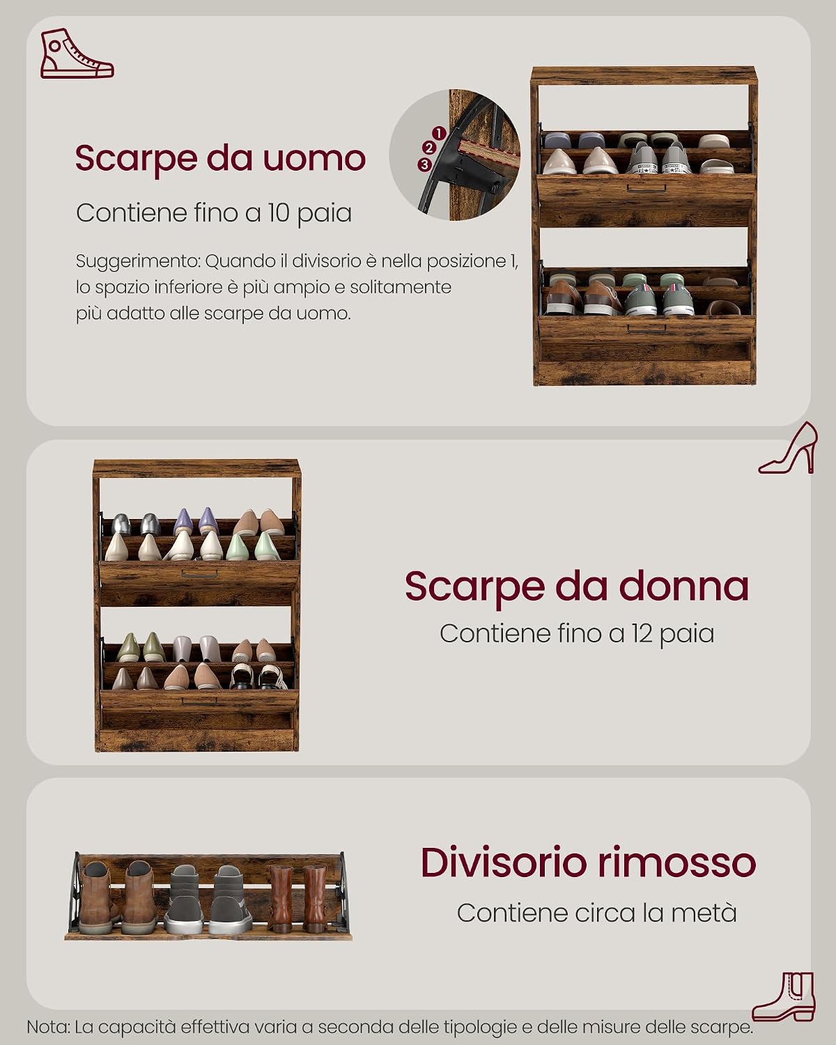 Thumbnail 5 de VASAGLE Scarpiera con 2 ribalte LBC02BX, scaffale portascarpe con divisori regolabili (8-12 paia), 24 x 60 x 83,5 cm