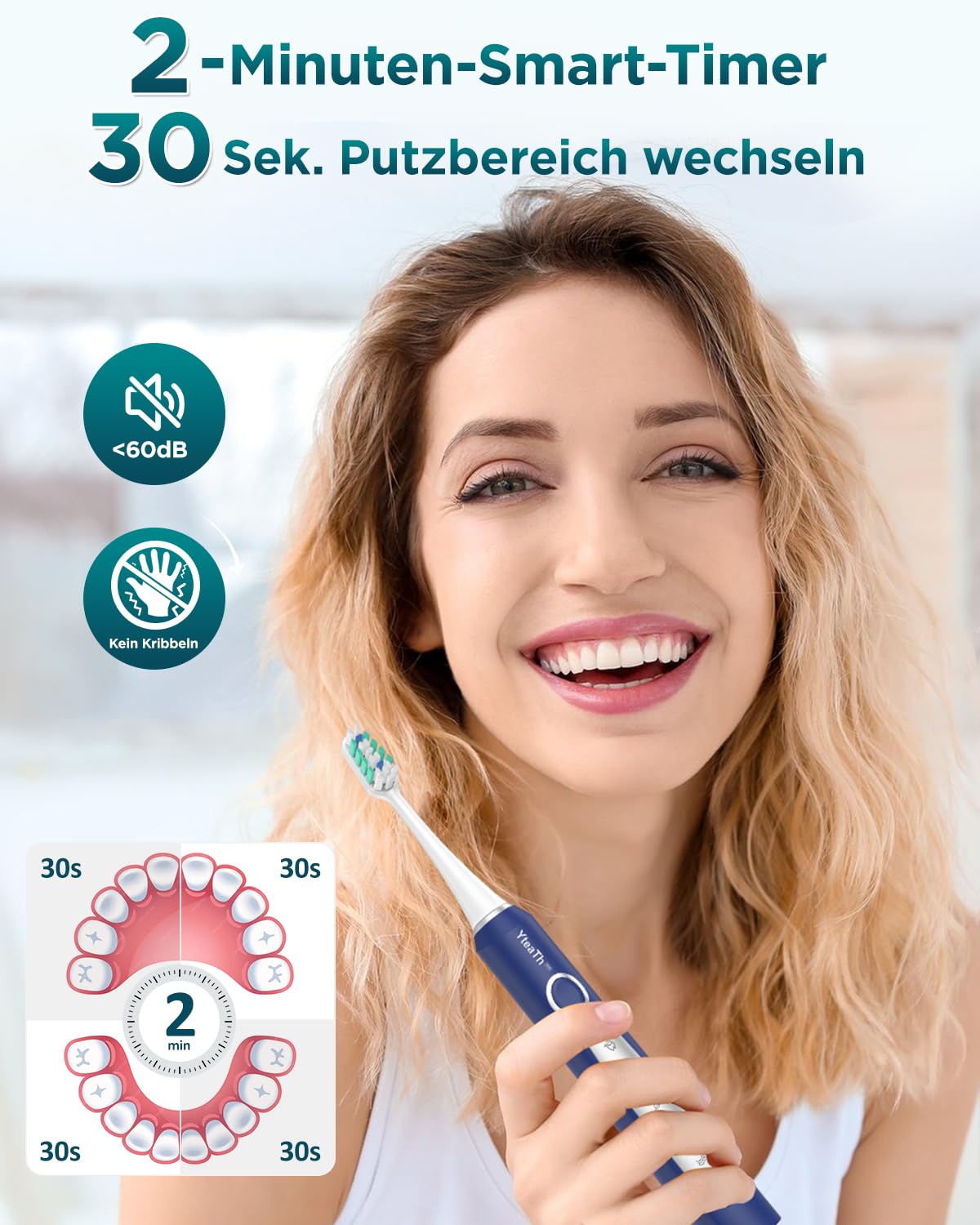 Detalle de Elektrische Schallzahnbürste von YTEATH PRO – 8 Bürstenköpfe, 5 Modi, 90 Tage Akku, Reiseetui