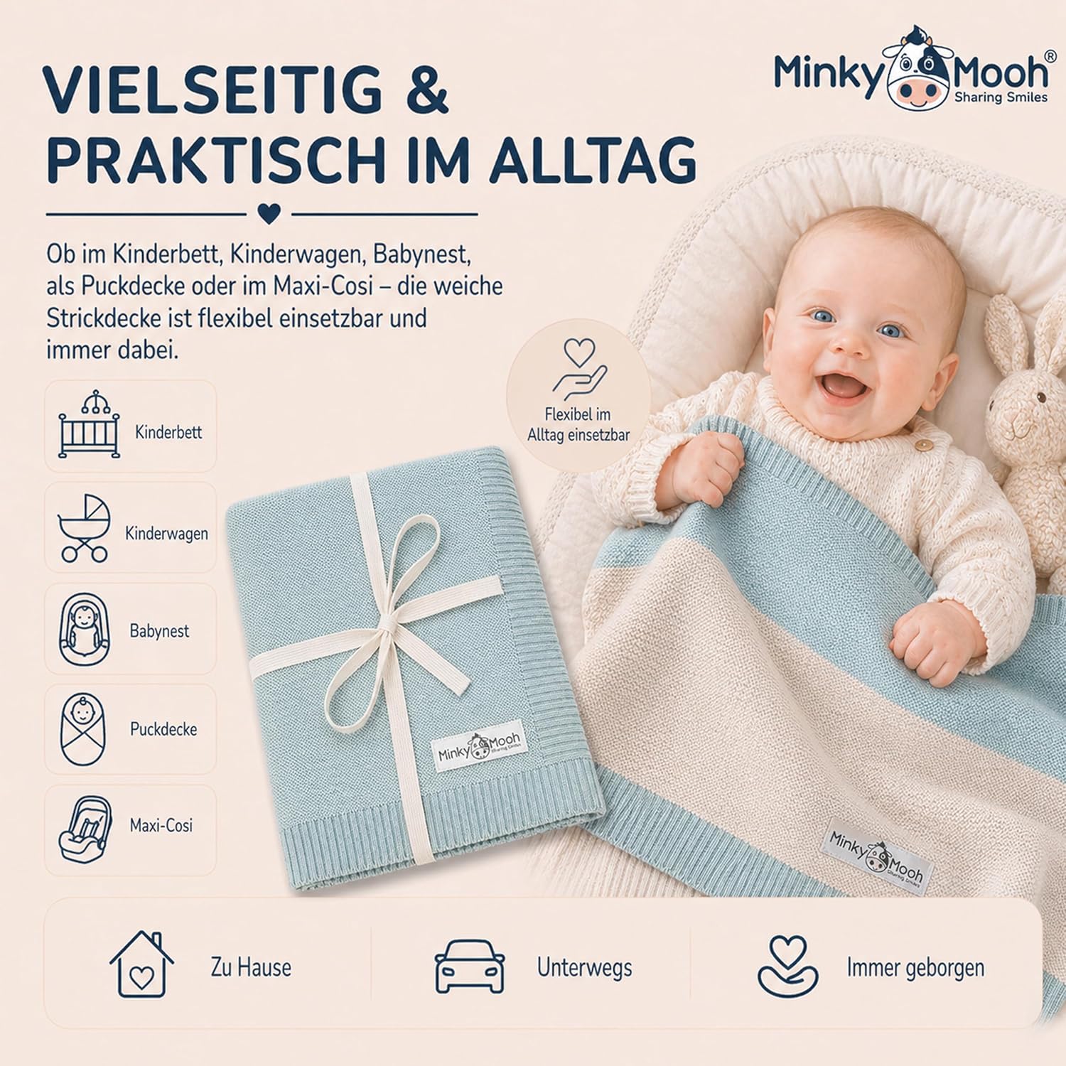 Thumbnail 4 de Minky Mooh® Babydecke aus 100% Bio-Baumwolle – Mint, 94x72 cm