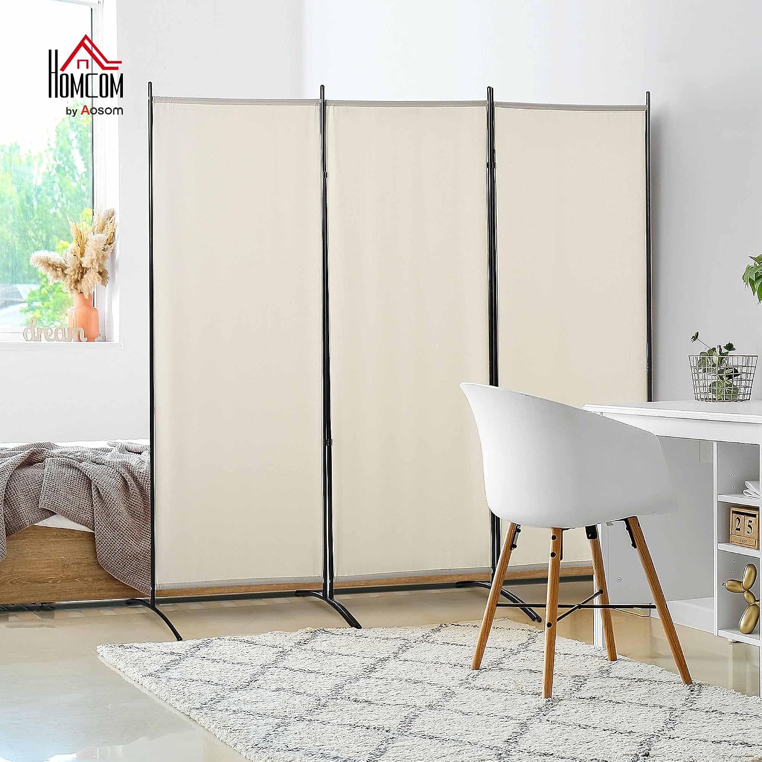 Detalle 2 de HOMCOM Paravent 3 Panneaux 2,53 m × 1,82 m – Brise-Vue autoportant en métal et polyester Haute Densité Beige