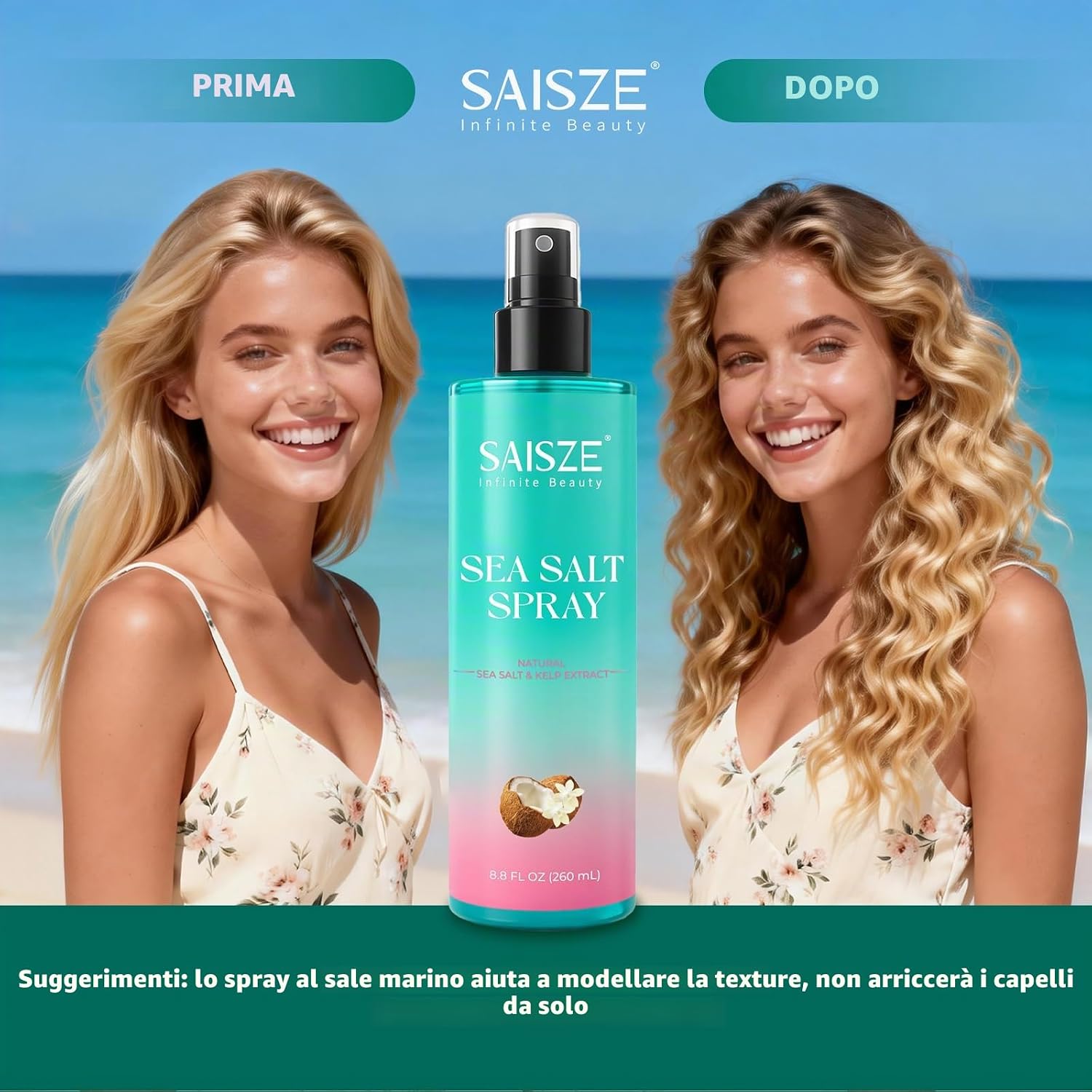 Detalle de SAISZE Spray al sale marino per capelli: viaggio e spiaggia con finish leggero al cocco