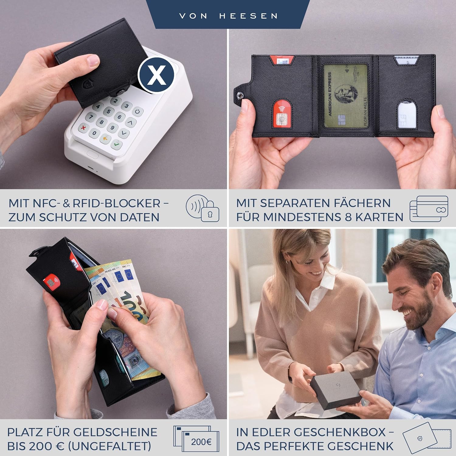 Thumbnail 1 de VON HEESEN Slim Wallet mit RFID-Schutz – Kompakte Geldbörse aus echtem Napa-Leder (Schwarz, Saffiano)