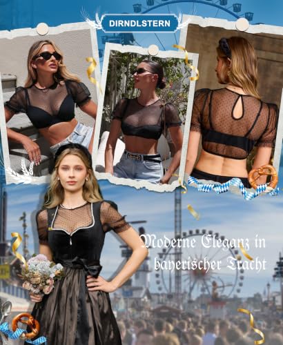 Detalle 2 de DIRNDLSTERN Dirndlbluse Damen Schwarz – Transparente Punkten, Puffärmel, Kurzarm