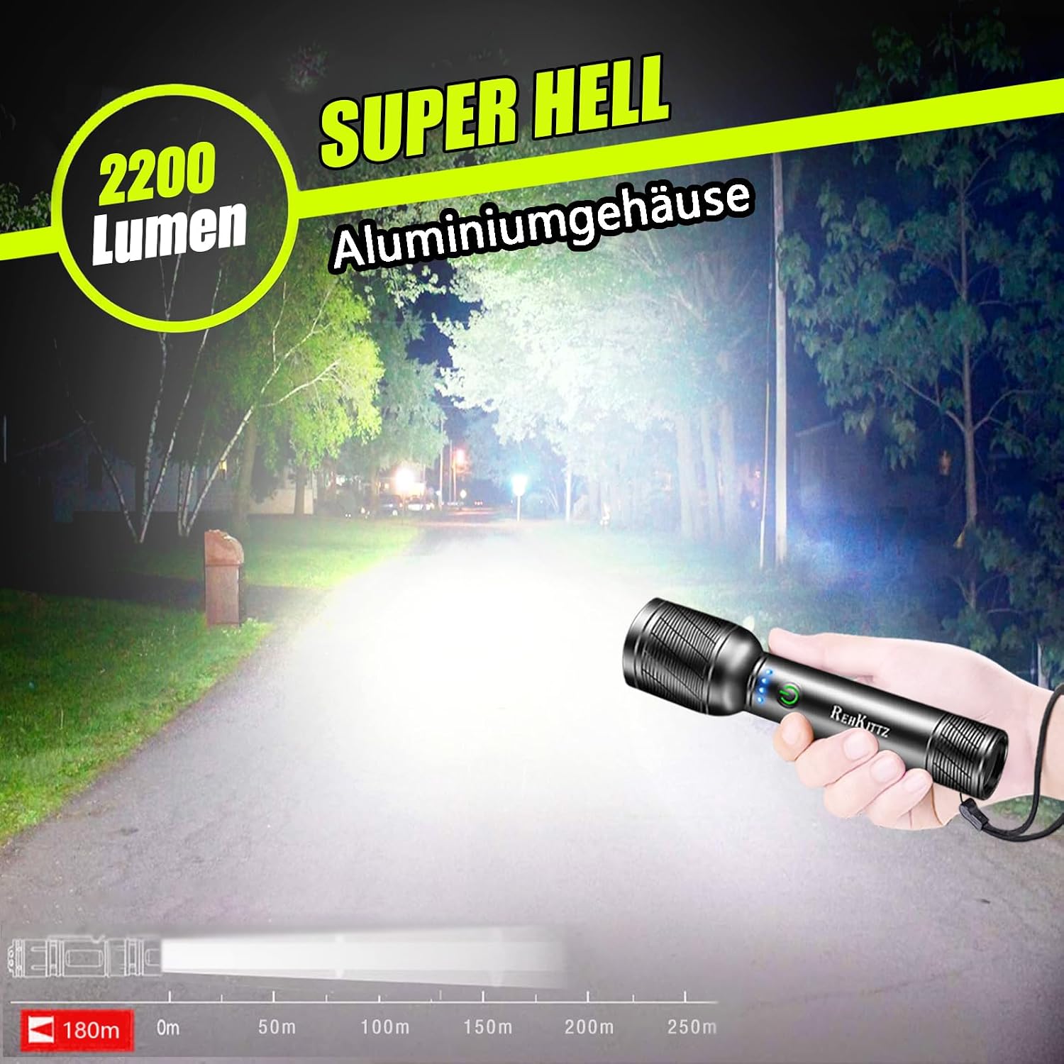 Detalle 2 de REHKITTZ LED Taschenlampe 2200 Lumen Extrem Hell