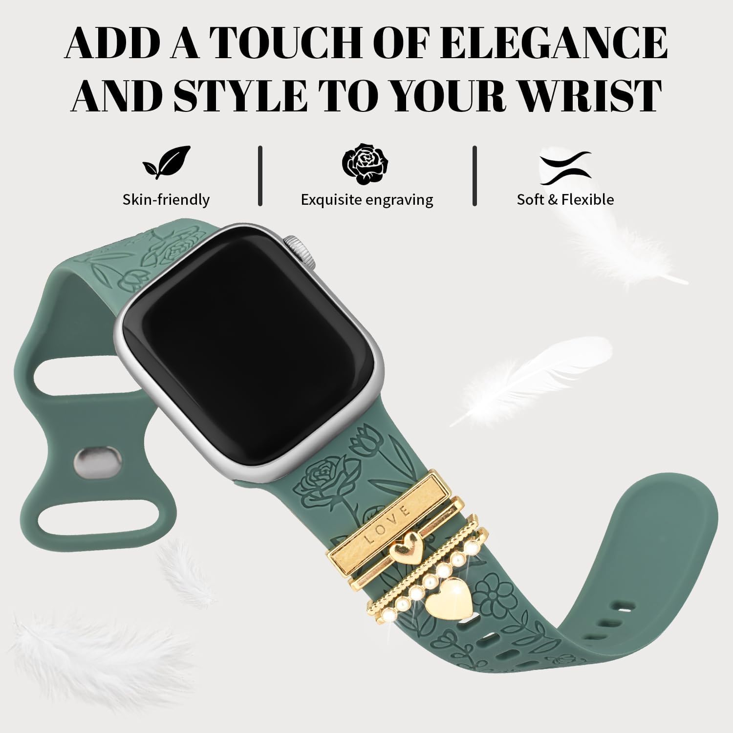 Detalle de Designer Flower Engraved Apple Watch Strap with Charming Decoration for Women