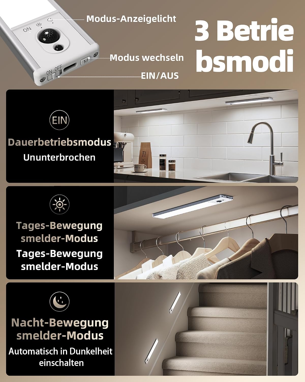 Detalle de EZVALO Schrankbeleuchtung 23 cm mit Fernsteuerung & Bewegungsmelder – 5 Stück, USB-Unterbauleuchte, 5700K