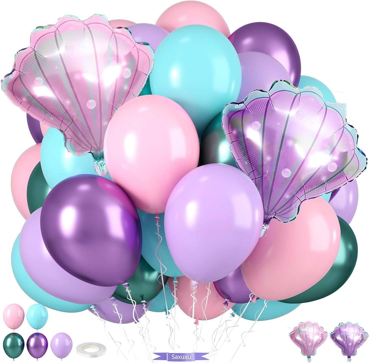 Mermaid Balloons Macaron Pink Purple Green Metallic Set with Seashell Foil Balloons for Ocean-Themed Girl Parties