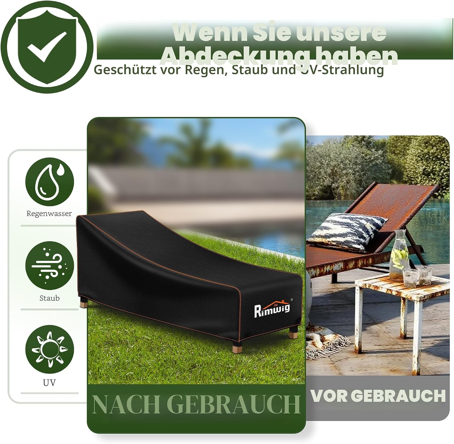 Detalle de Rimwig Gartenliege Abdeckung Wasserdicht – stabile Schutzhülle für Terrasse & Gartenliege 200x75x40/70 cm