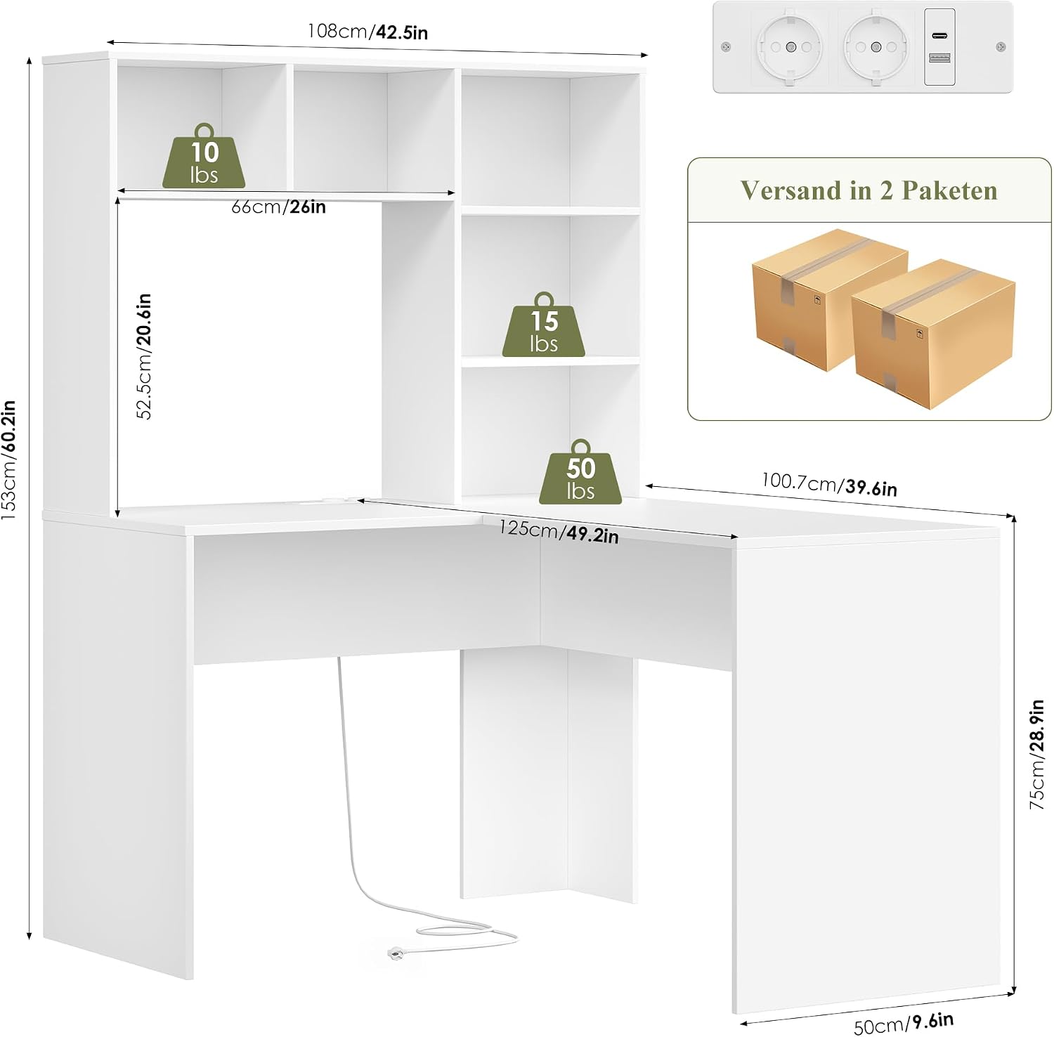 Thumbnail 2 de FirFurd Eckschreibtisch mit Steckdosenleiste – L‑Form, 153 x 125 x 108 cm, weiß
