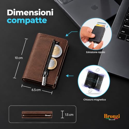 Detalle de Bronzi portafoglio portacarte slim in similpelle, RFID, marrone testa di moro