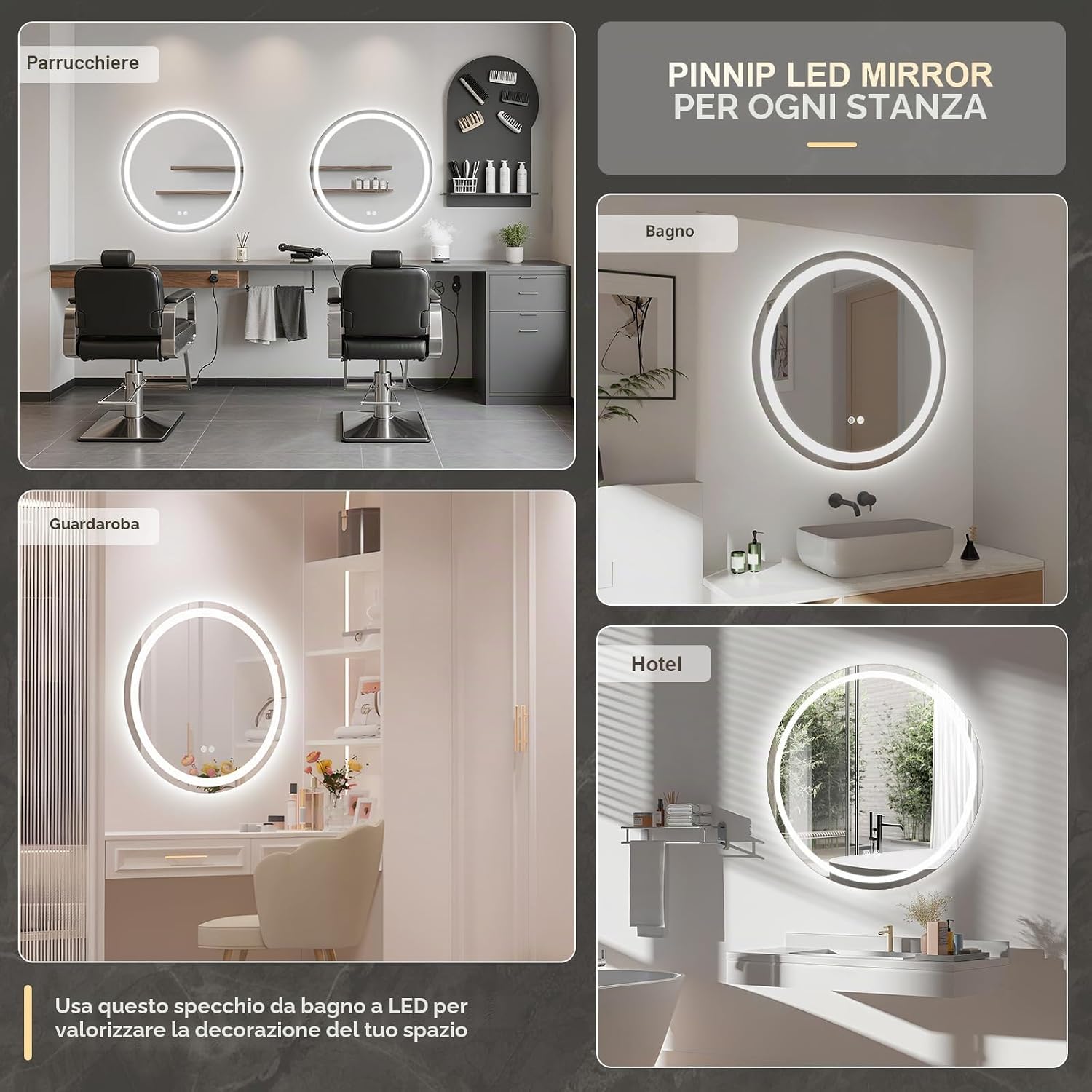 Detalle 2 de PINNIP Specchio Bagno con Luce – Specchio LED Rotondo da Parete 50 cm, Antifog, Touch Intelligente