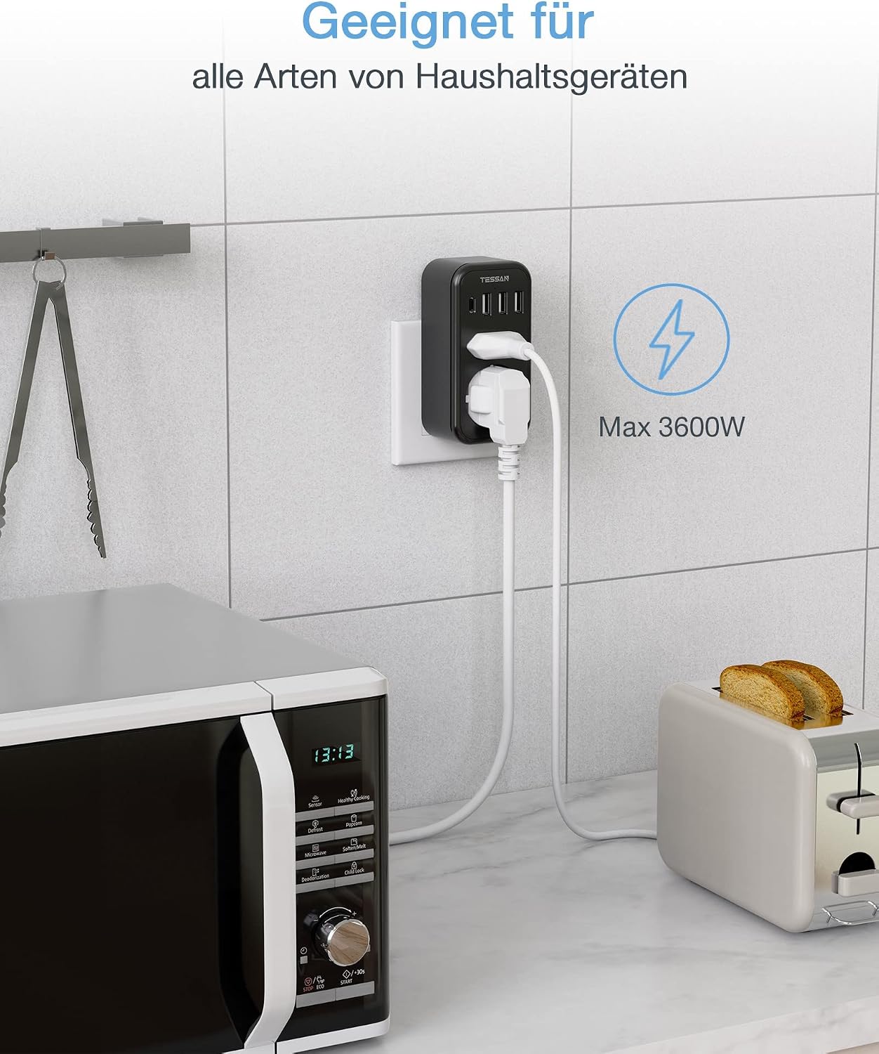 Detalle de TESSAN Doppelstecker für Steckdose mit USB‑C – 2fach Adapter + 4× USB Netzstecker (3600 W, Schwarz)
