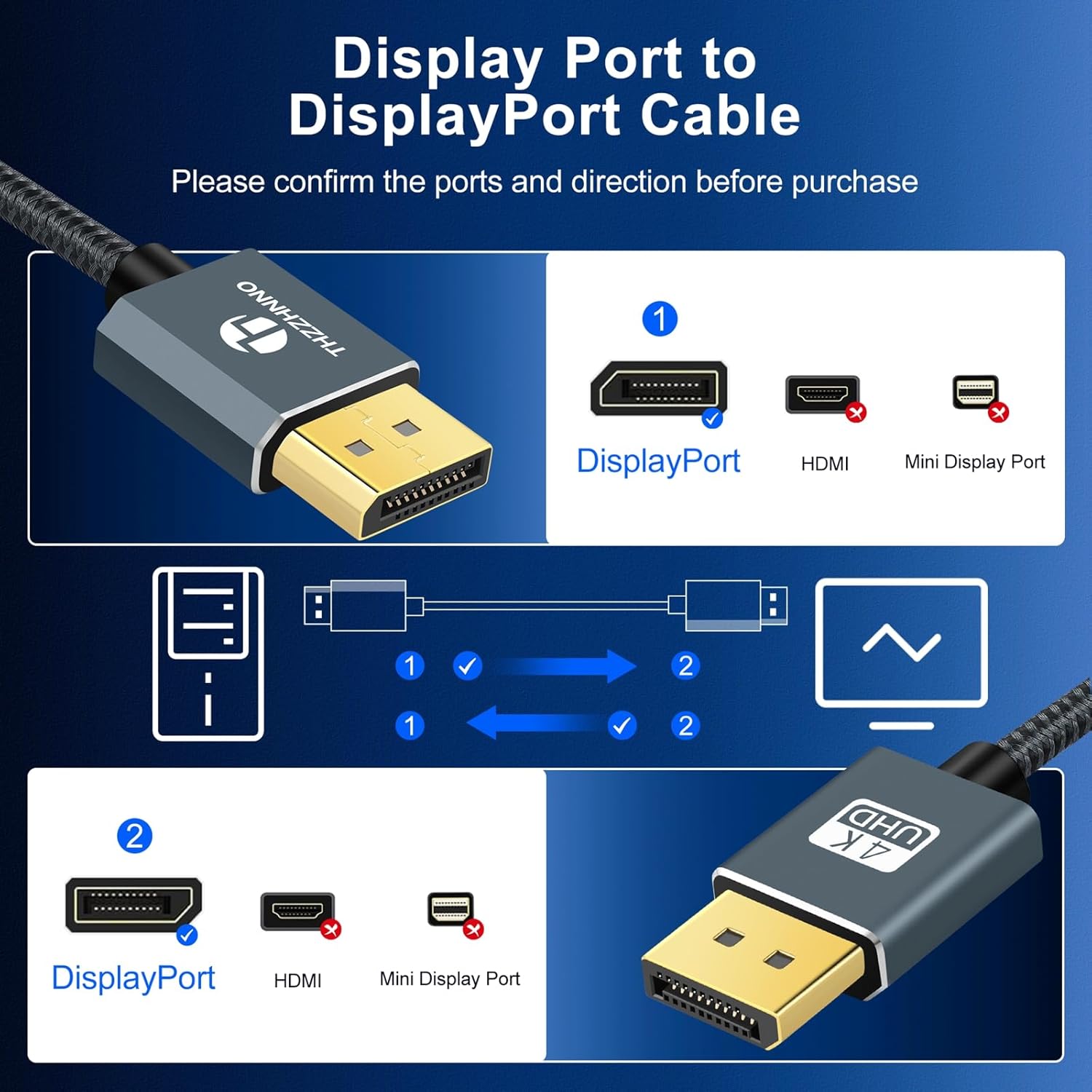 Thumbnail 2 de Thzzhnno 4K DisplayPort Cable 3M (DP 1.2) – Gold Plated, 4K60, 2K165/144Hz
