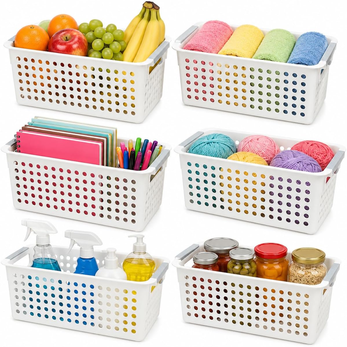 Detalle de Basicwise QI003238 Set of 6 Plastic Storage Baskets, Ivory, 12" x 5" x 5