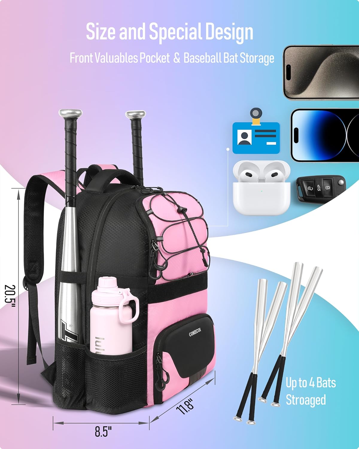 Thumbnail 2 de COMECOI Softball Bag: Lightweight Baseball Backpack with Shoes Compartment & Dugout Fence Hook