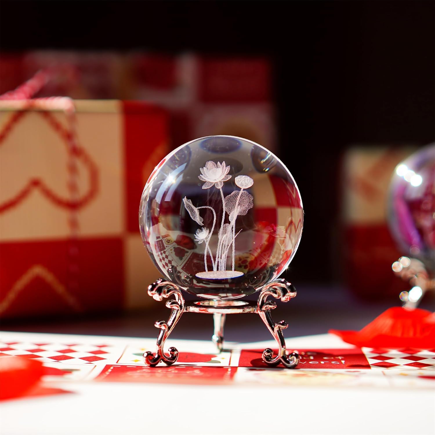 Thumbnail 2 de HDCRYSTALGIFTS 60mm 3D Lotus Flower Crystal Ball with Stand – Glass Laser Engraved Paperweight & Décor