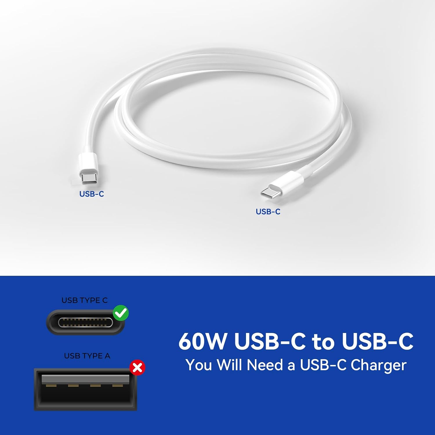 Detalle de USBC to USBC Cable 3-Pack 1.8m: 60W USB-C to USB-C fast charging and durable design