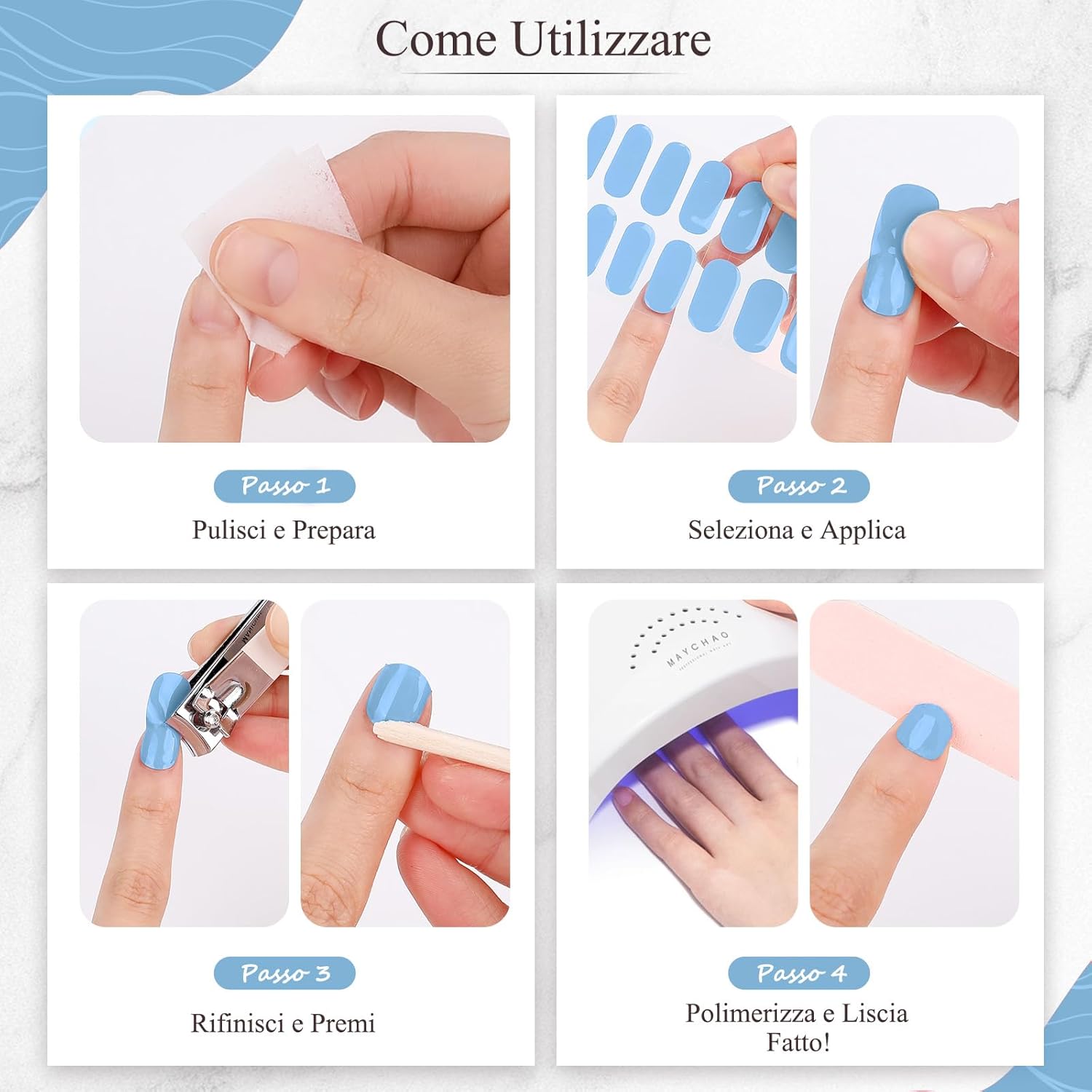 Detalle 2 de Bagavs Unghie Gel Adesive UV 20 PCS Azzurro Pastello – Strisce Semi Polimerizzate per Manicure Veloce a Casa