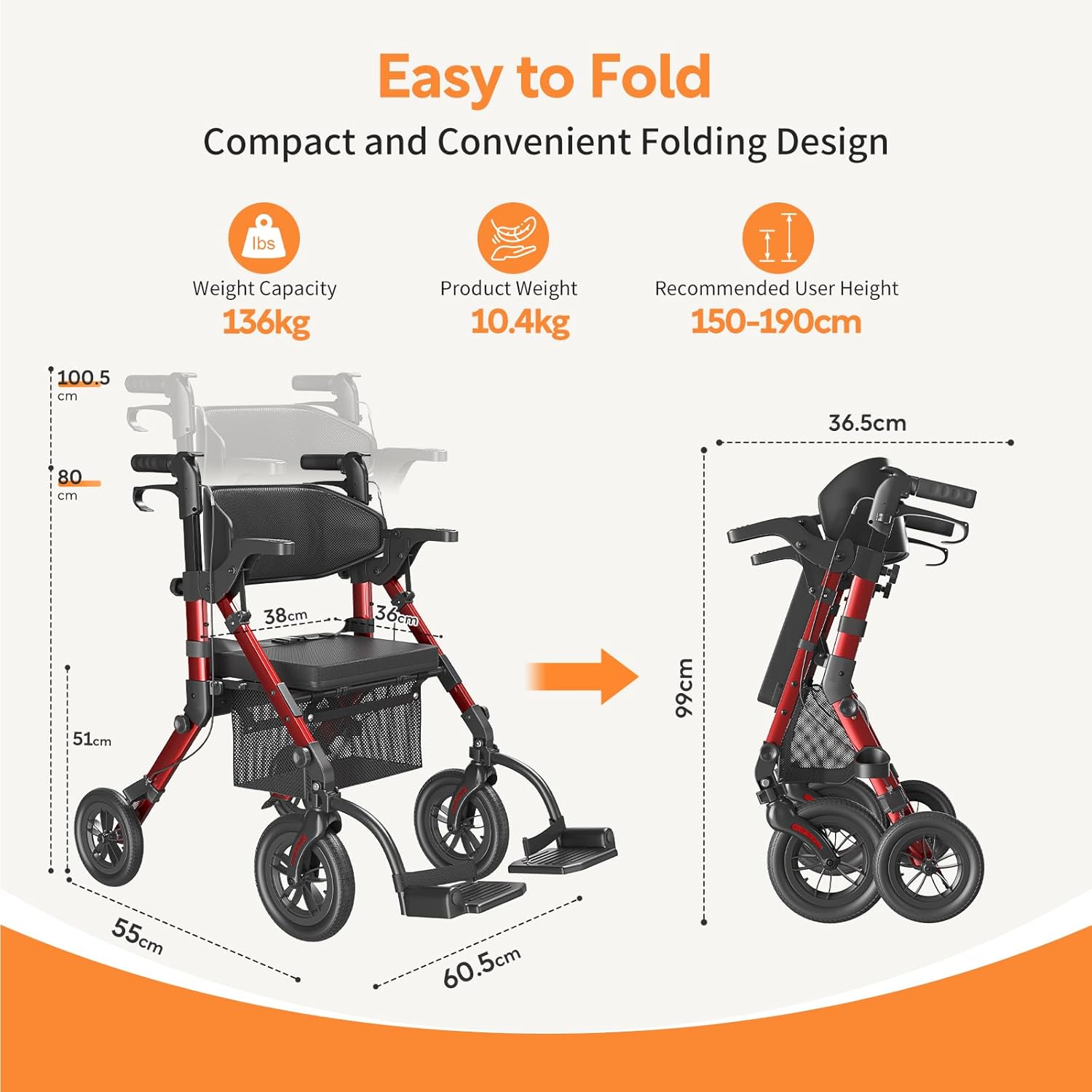 Detalle de VOCIC 2-in-1 Rollstuhl Rollator: faltbar, leicht, mit Sitz, Outdoor-Gummireifen – Aluminium, bis 136 kg