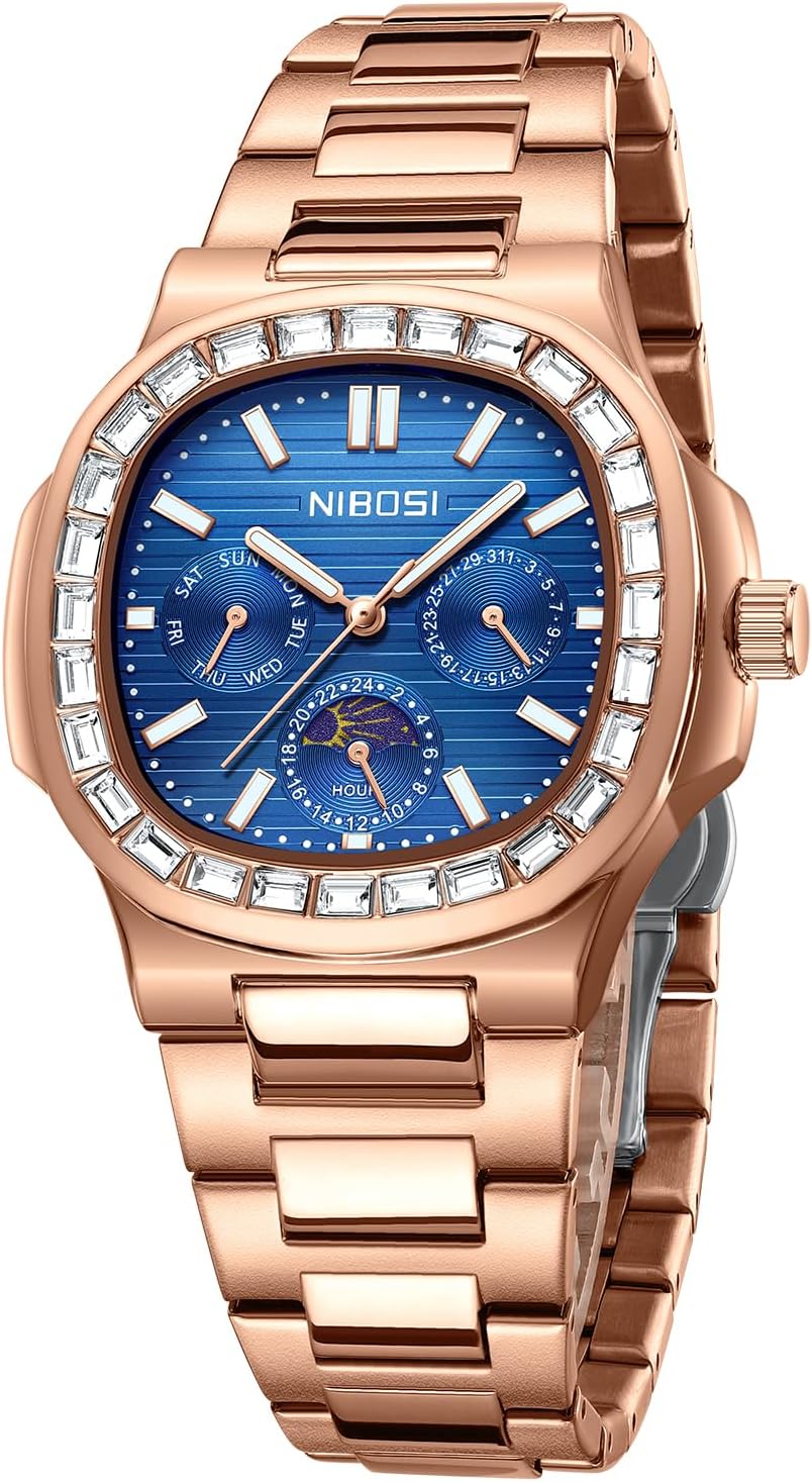 Thumbnail 6 de NIBOSI Herren Analoge Quarzuhr mit Chronograph, Mondphase und Diamantlünette – Edelstahl, Roségold/Silber