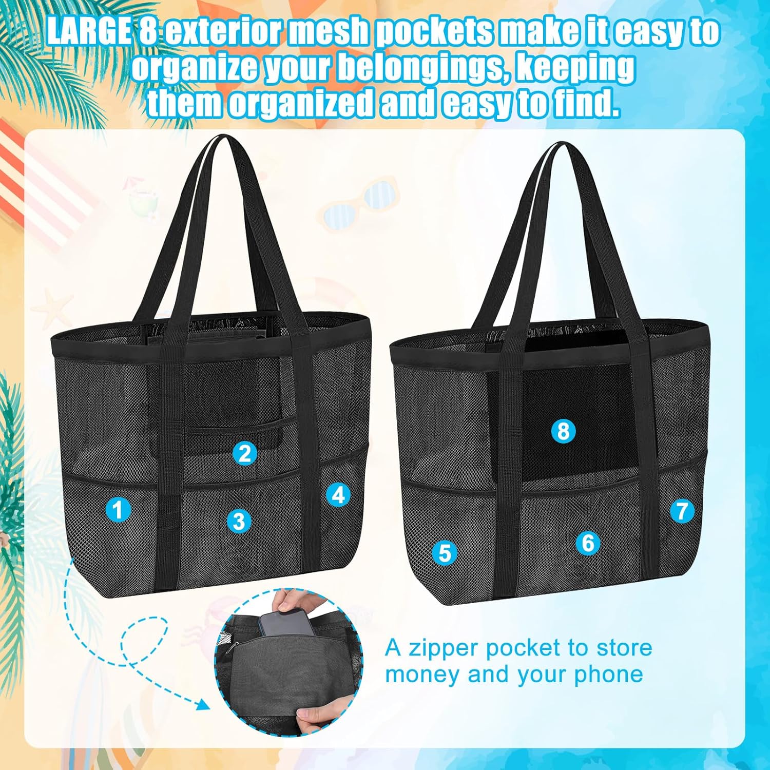 Detalle de 2er-Set Große Strandtasche für Damen – Netz-Design, Reißverschluss, Blau/Schwarz