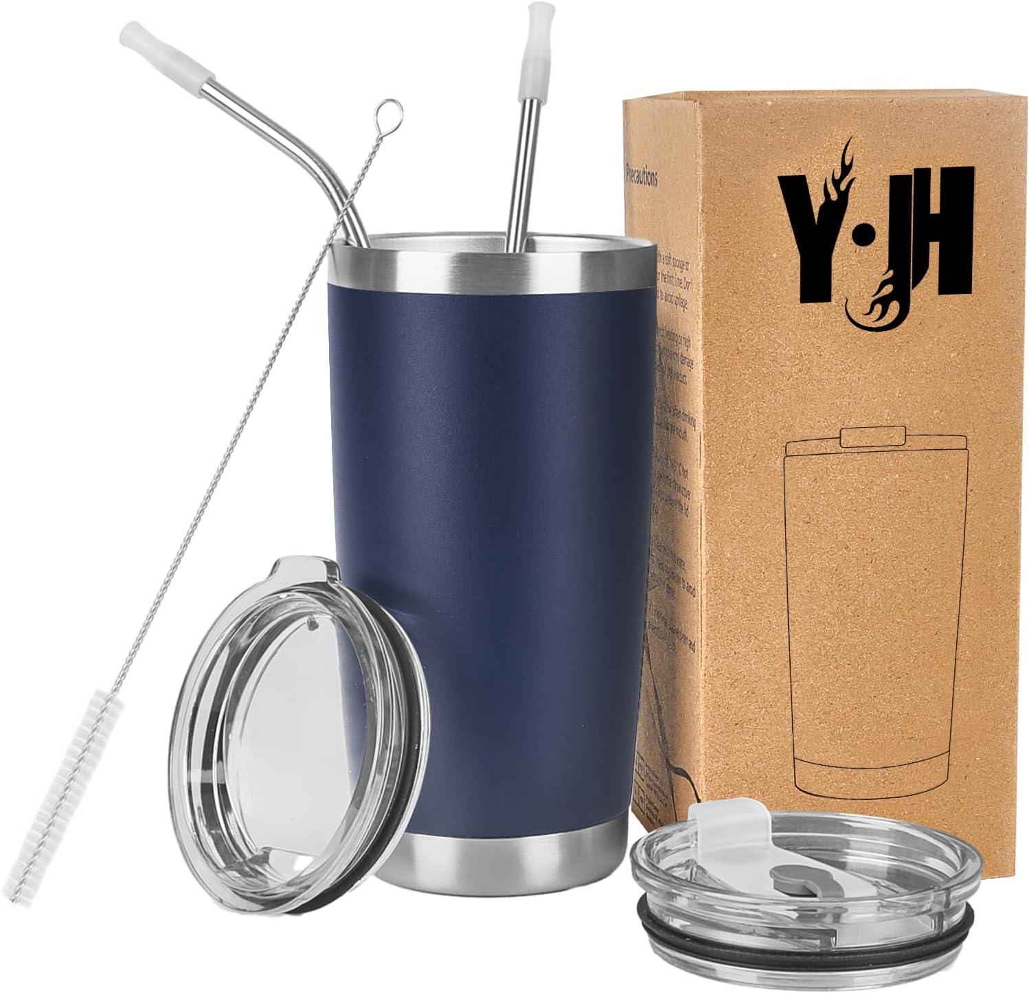 Detalle de Y·J&H 20oz (550 ml) doppelwandiger Vakuum-Isolier-Autobecher in Navy – Edelstahl, 2 spritzfeste Deckel & Strohhalme