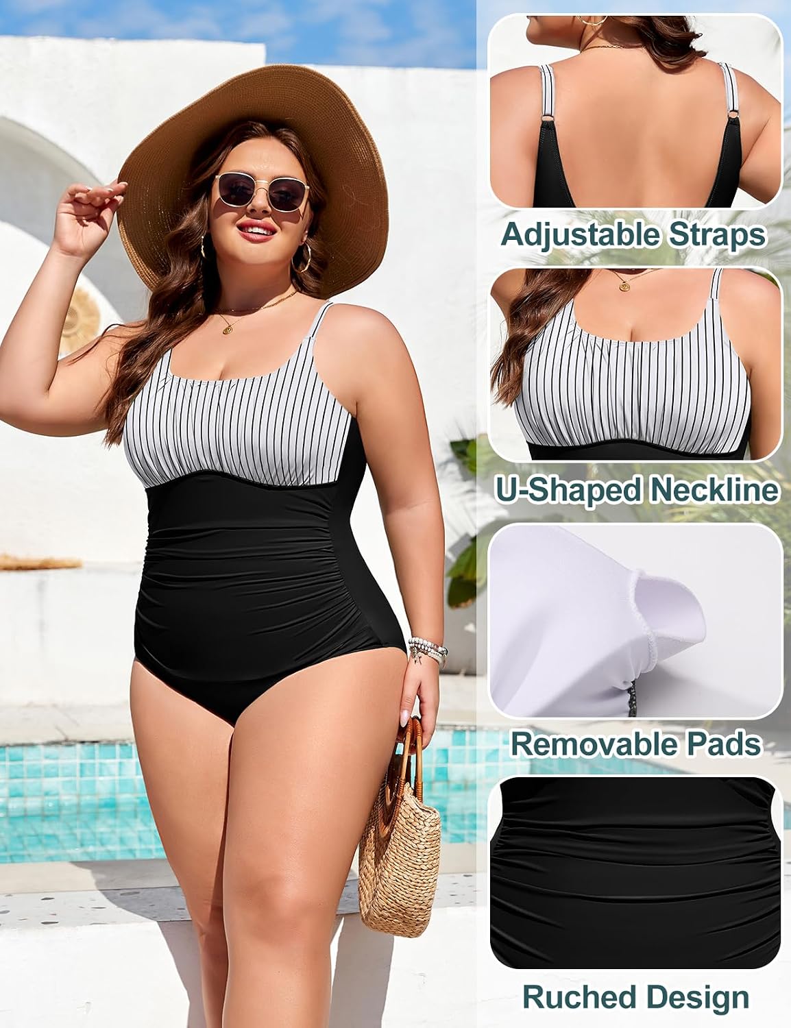 Detalle de heekpek Women's Plus Size One-Piece Swimsuit with Ruched Front and U Neck