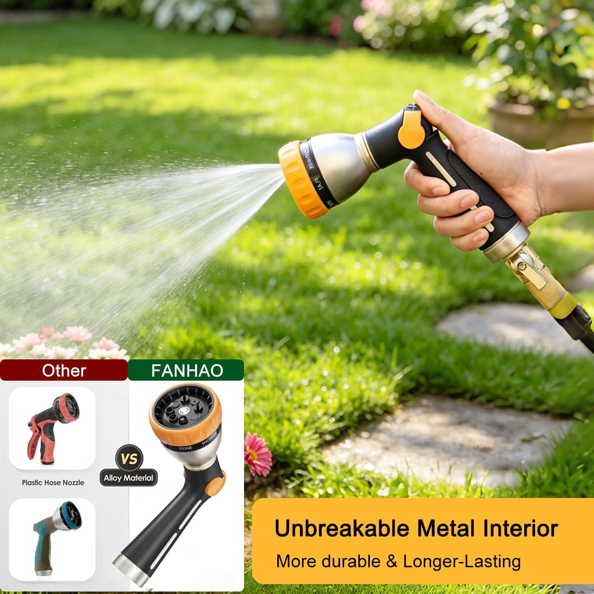 Detalle de FANHAO Heavy Duty Metal Hose Spray Gun with Thumb Control and 8 Spray Patterns