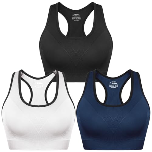 Detalle de Sykooria Brassière Sport Femme – Brassière Yoga à coussinets amovibles, élastique, XL (Noir/Blanc/Bleu Marine)