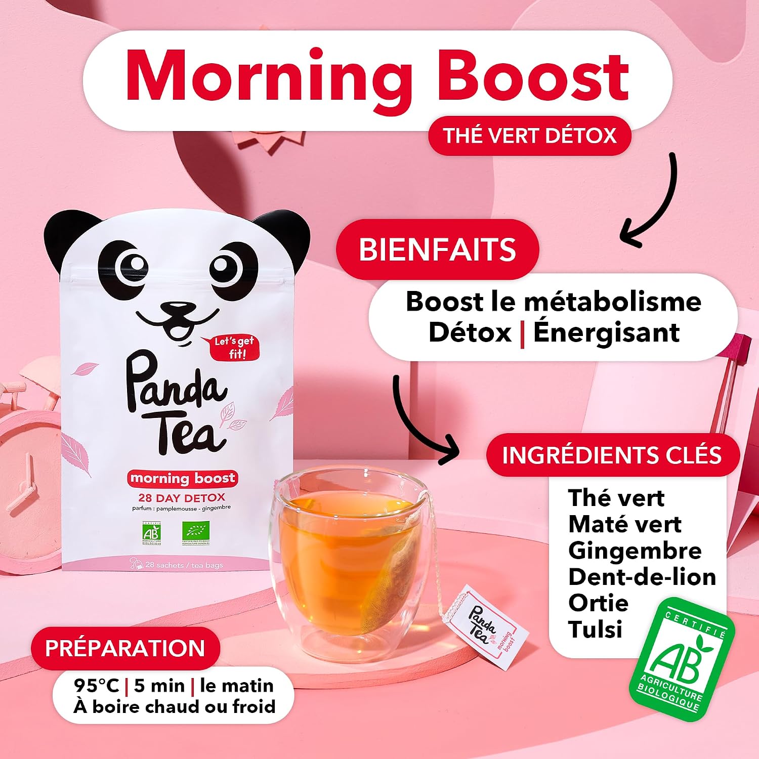 Detalle de Panda Tea Morning Boost – thé biologique bio, 28 sachets coton