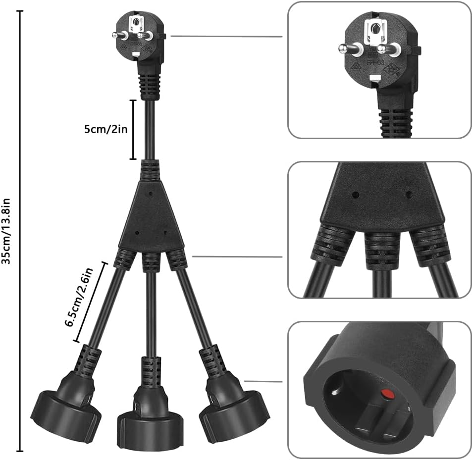 Thumbnail 1 de URAQT rallonge d’alimentation 3 prises avec sécurité enfants (3 en 1), 16A / 250V, noir