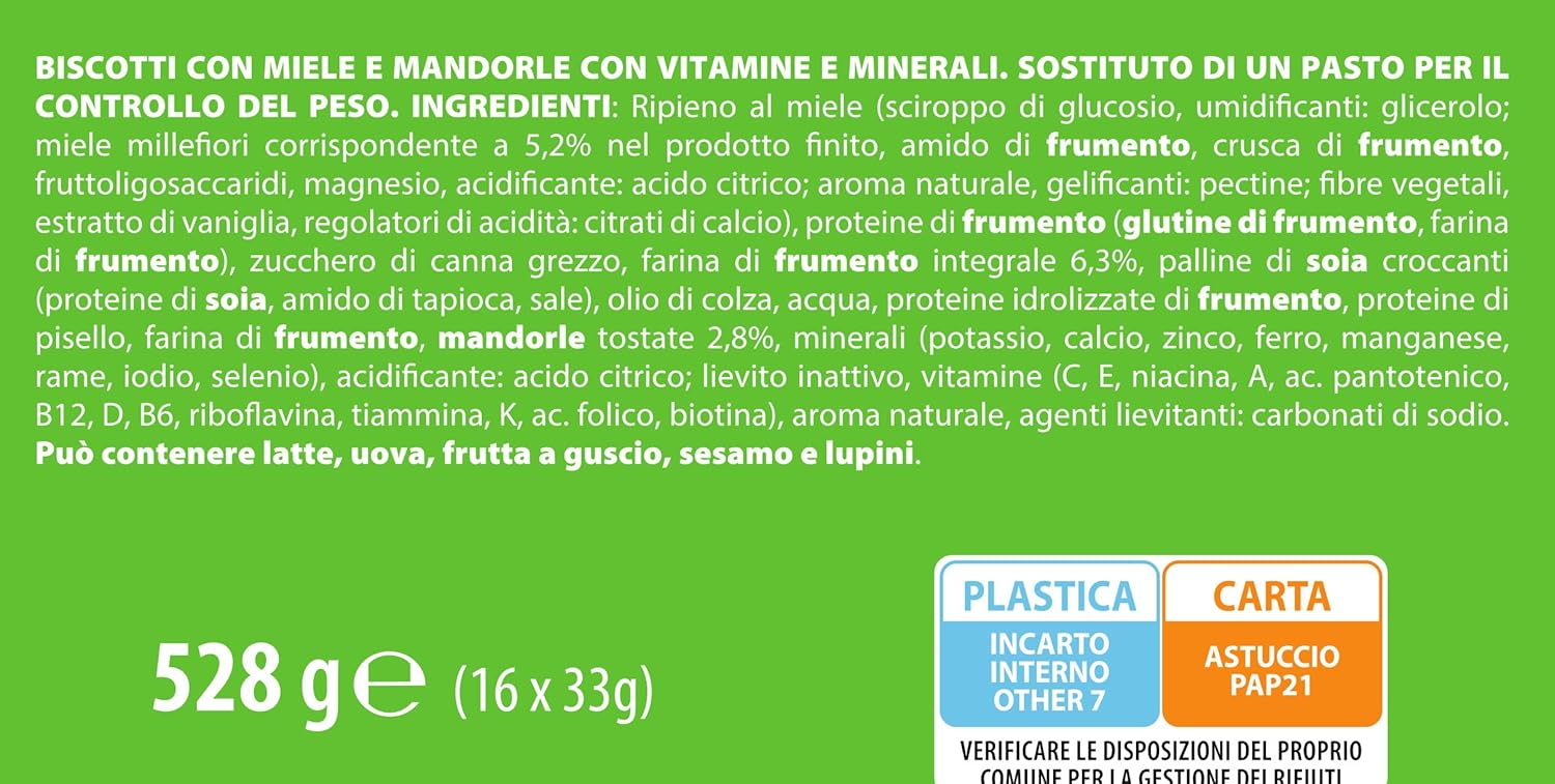 Detalle 2 de Pesoforma 16 Biscotti, Miele e Mandorle con Farina Integrale – Pasto Sostitutivo proteico in 2 biscotti da 238 kcal