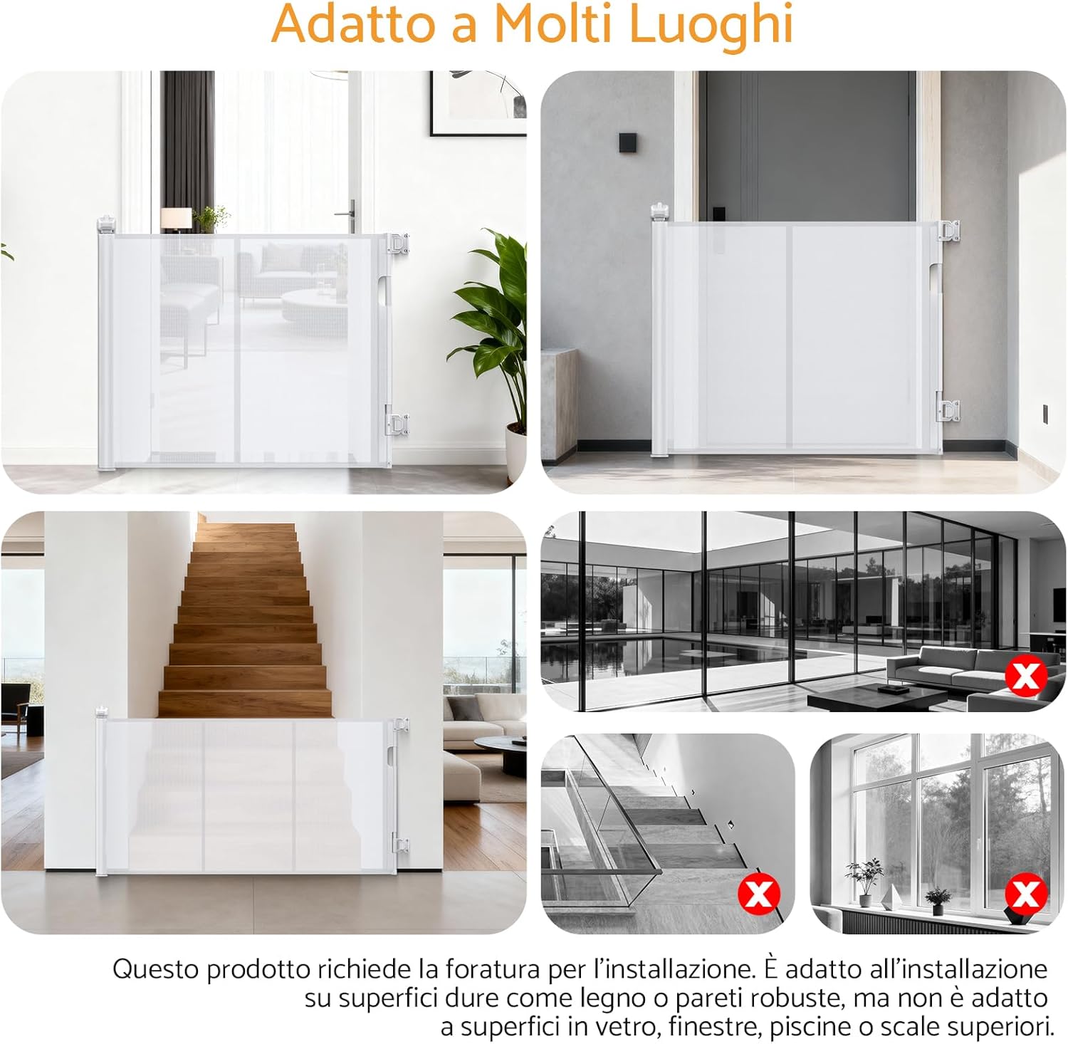 Thumbnail 6 de Maxetodo cancelletto di sicurezza estensibile 0-140 cm con rete retrattile e blocco a pomello, bianco
