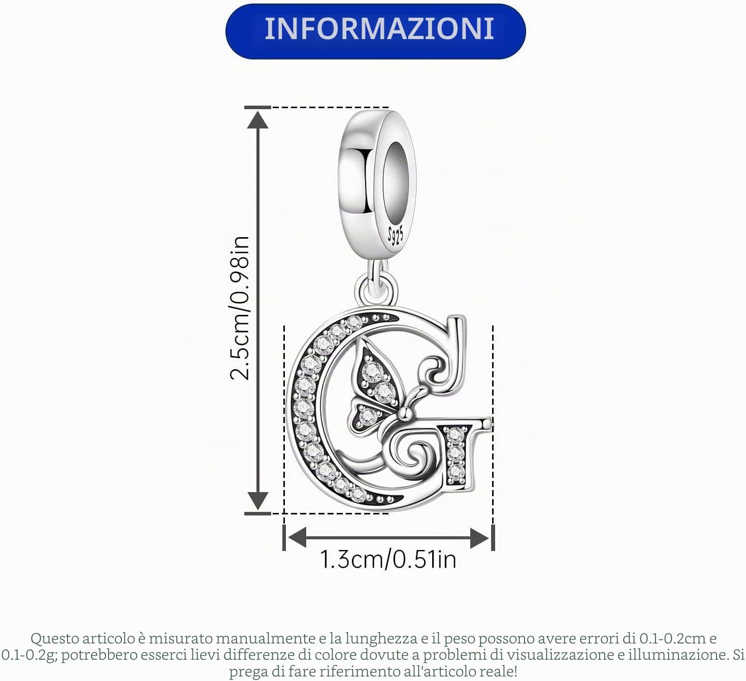 Detalle de CYCUFF Ciondolo a forma di lettera A farfalla in argento 925 per braccialetti e collane