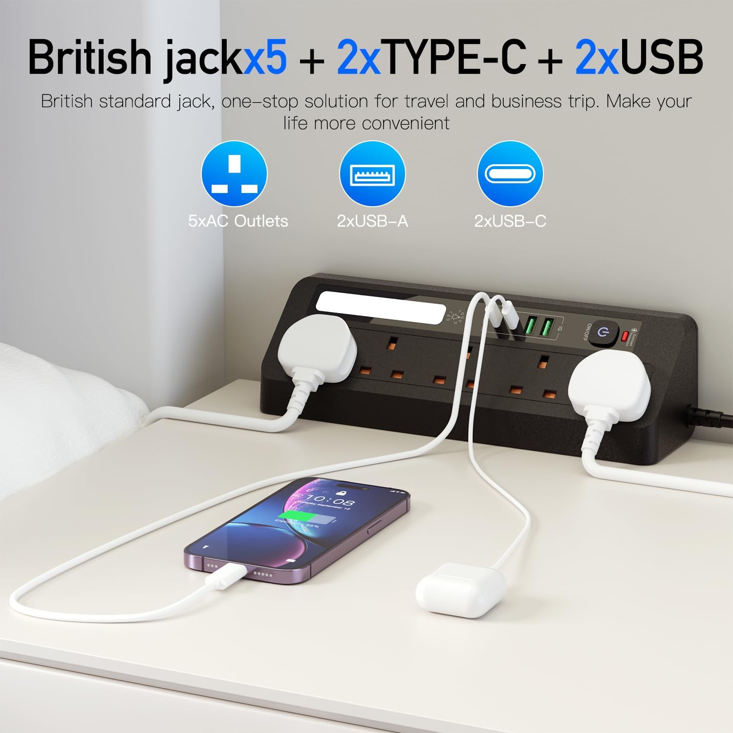 Detalle 2 de BOCHLION Desk Extension Lead 1.8m with USB Ports 🔌
