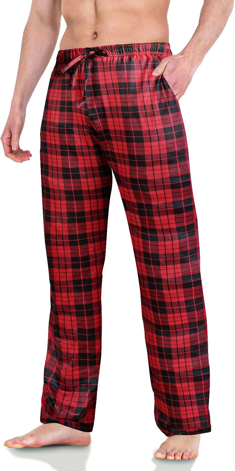 Detalle de AUYAO rutiga pyjamasbyxor för män i polyester med fickor