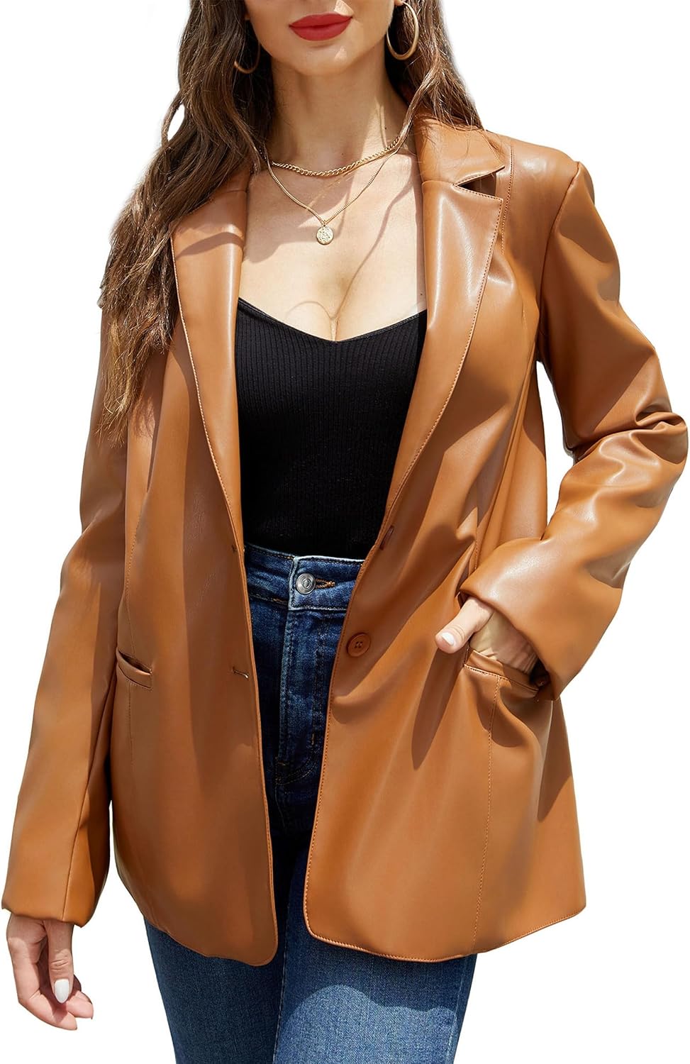 Detalle de RISISSIDA Women's Blazer Jacket, Faux Leather