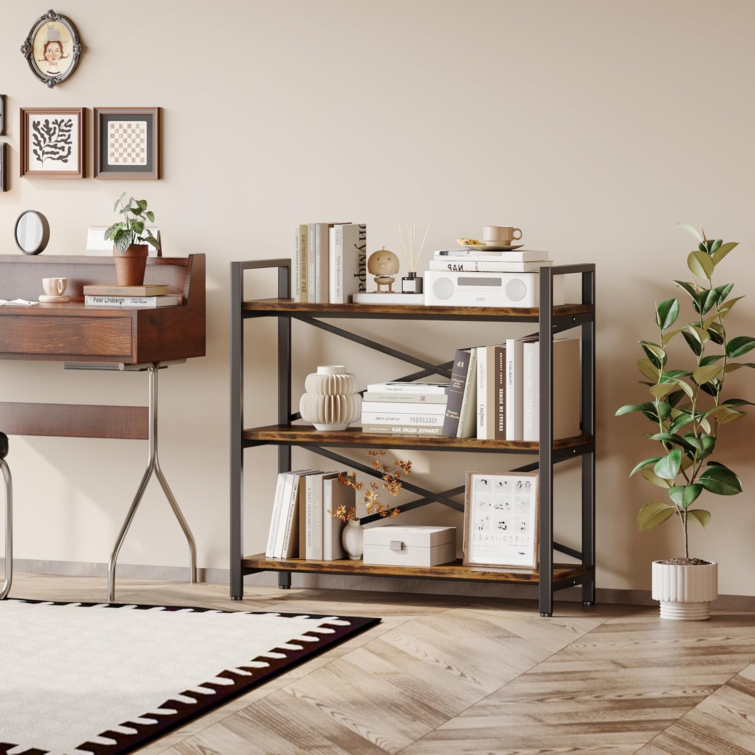 Thumbnail 4 de 3-Tier Bookshelf 31.49" Width Wood & Metal Etagere Bookcase (Rustic Brown) — 3-tier storage rack