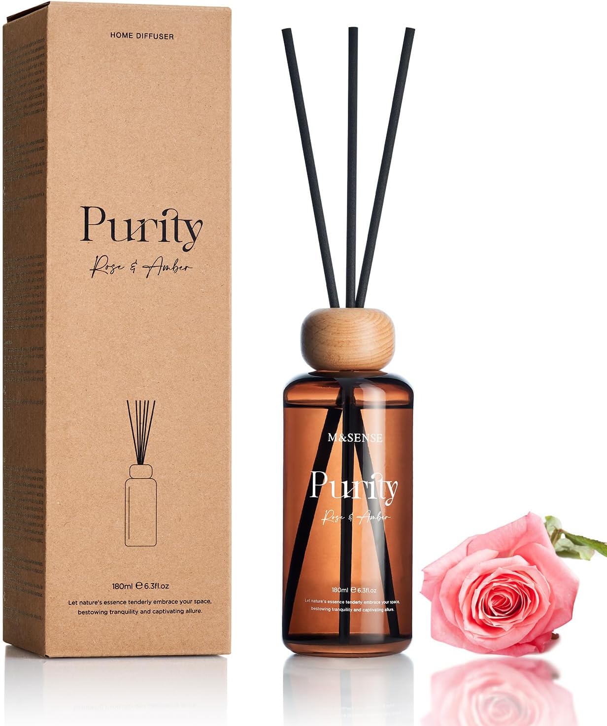 Detalle de M&SENSE MSRD0408 RoseAmber Reed Diffuser, 180 ml Amber Glass, 7 Sticks