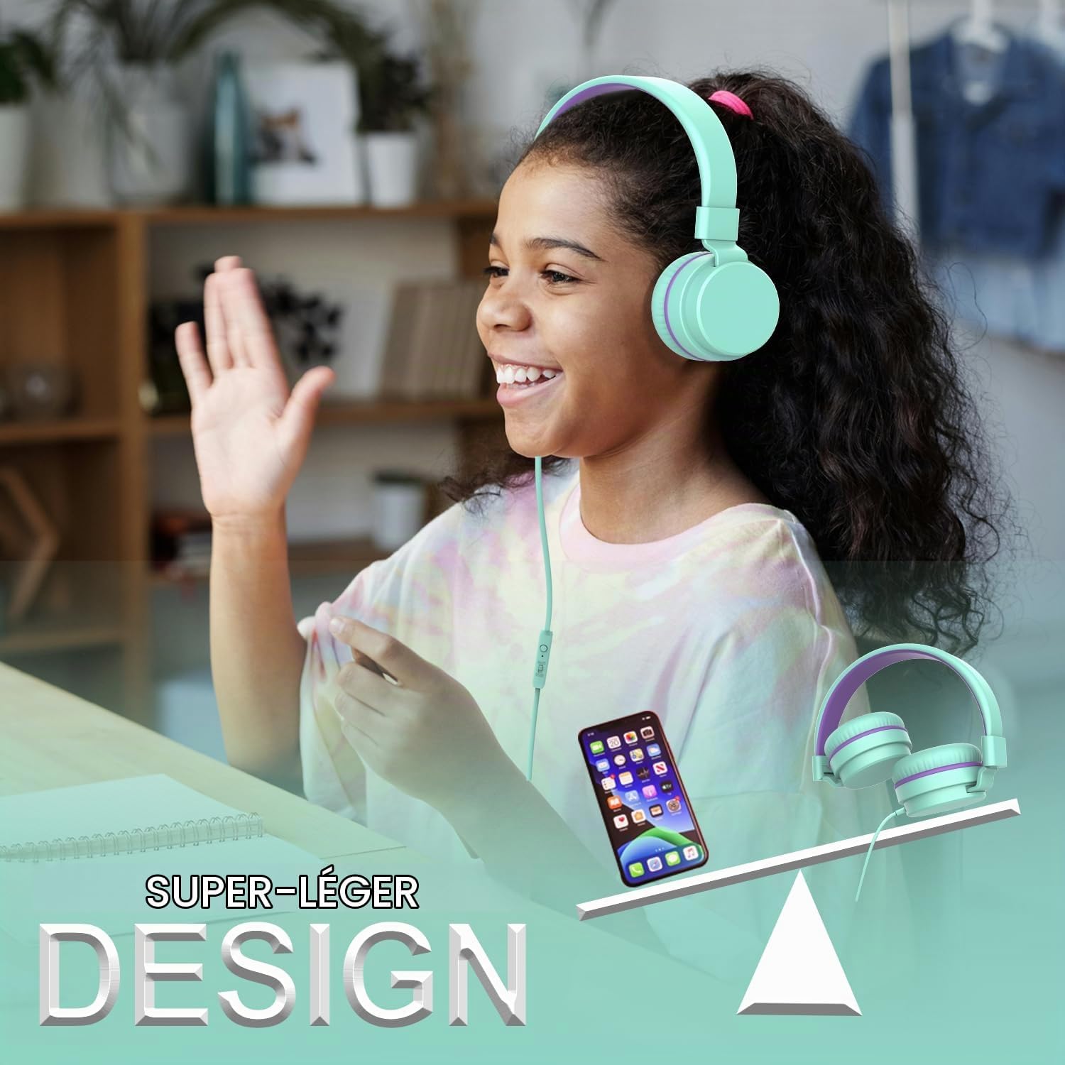 Detalle de YOYOTUNE DMJ-H01 on-ear kinderhoofdtelefoon met microfoon en volumebegrenzer