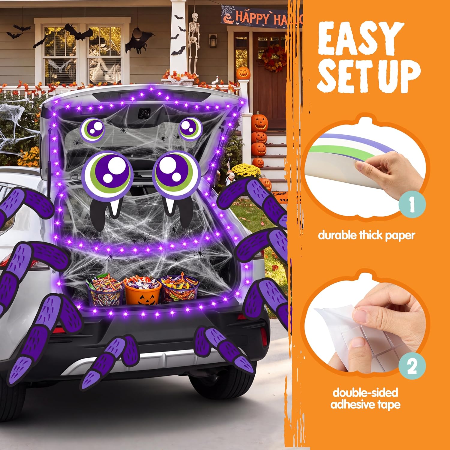 Detalle de JOYIN Halloween Trunk or Treat Spider Decoration Kit with LED String Lights