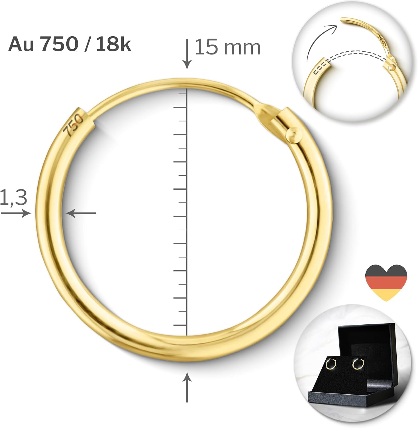 Detalle de Orecchini Cerchio Donna in Oro Giallo 18K 750, Ø15 mm – Creoli leggerissimi in scatola regalo