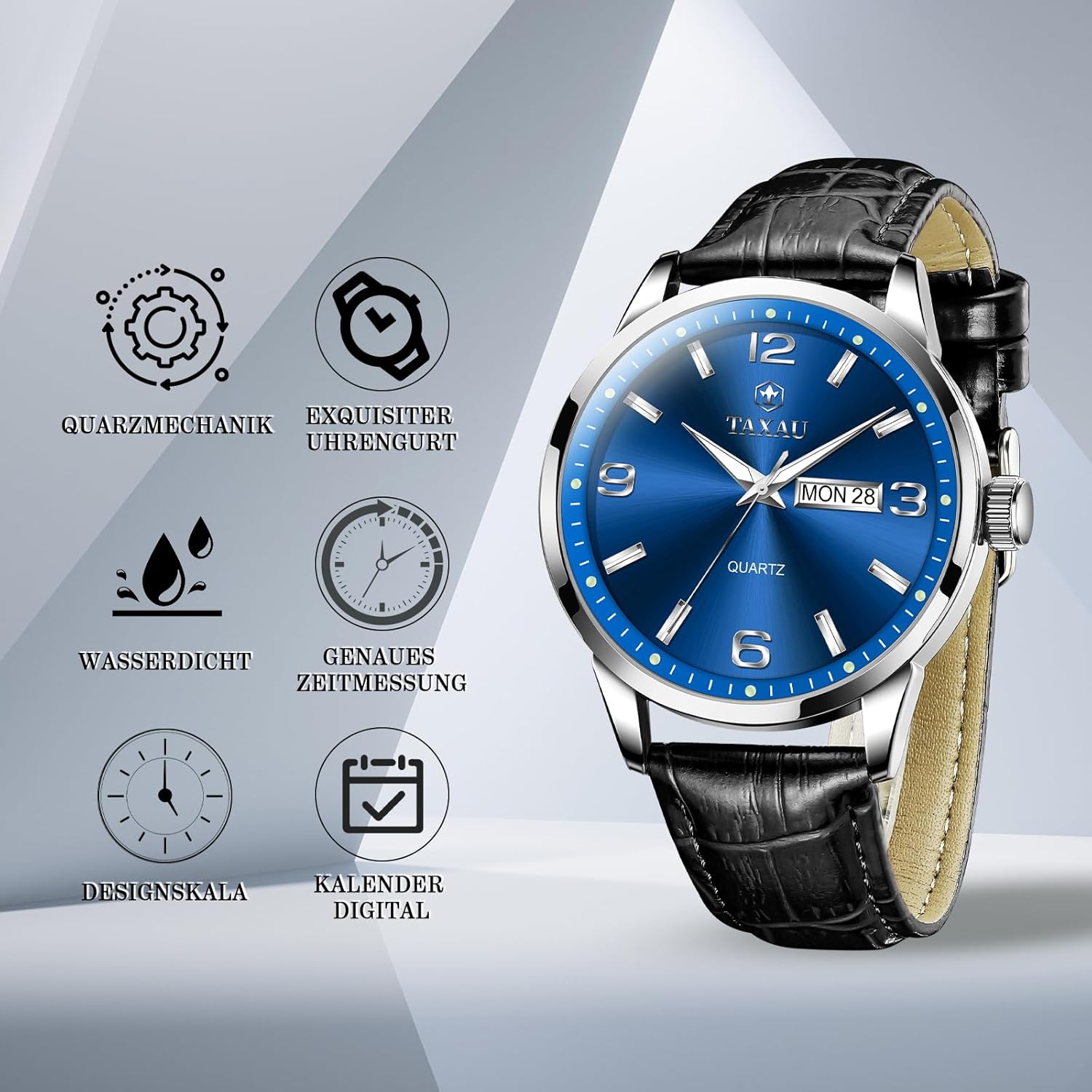 Detalle de Taxau Herren Armbanduhr Chronograph – Edelstahl, Quarz, wasserdicht und leuchtend