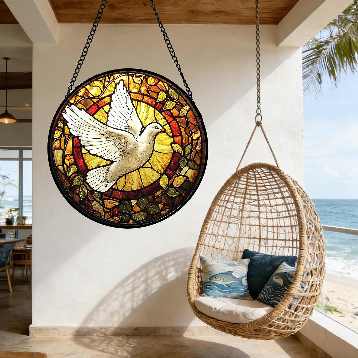 Detalle 1 de DASTOLL Flying White Dove Stained Glass Suncatcher, 6.3-Inch Window Hanging