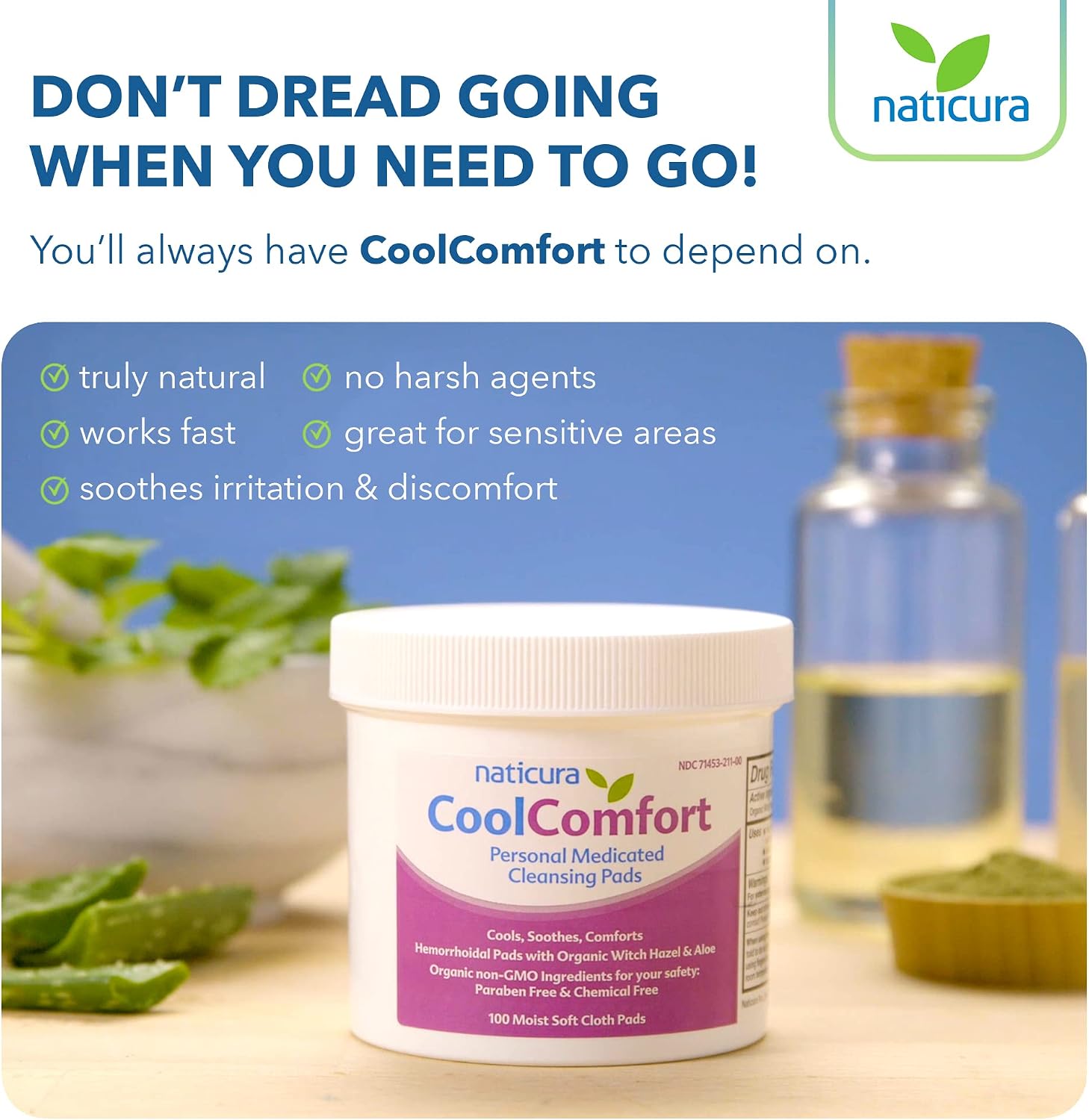 Detalle de Naticura CoolComfort Witch Hazel Pads, 100 Count, with Organic Aloe Vera